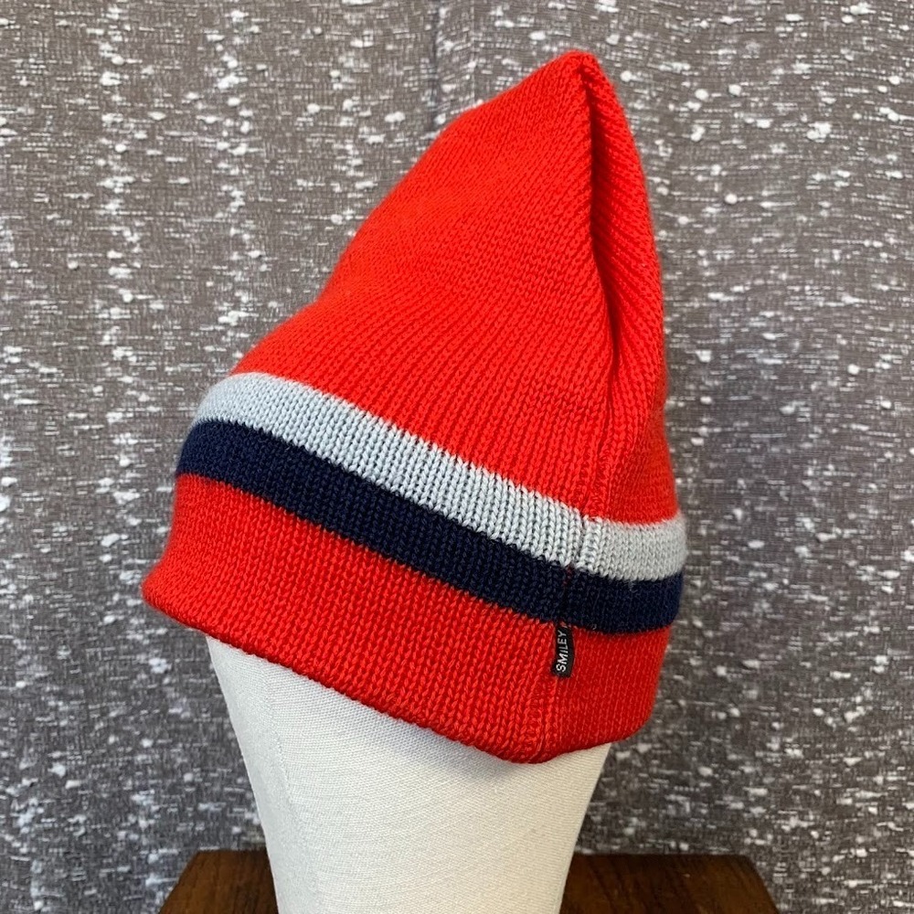 Vintage Smiley Hat Ski Beanie Winter Red/Blue Striped 100%‎ Wool Made in USA